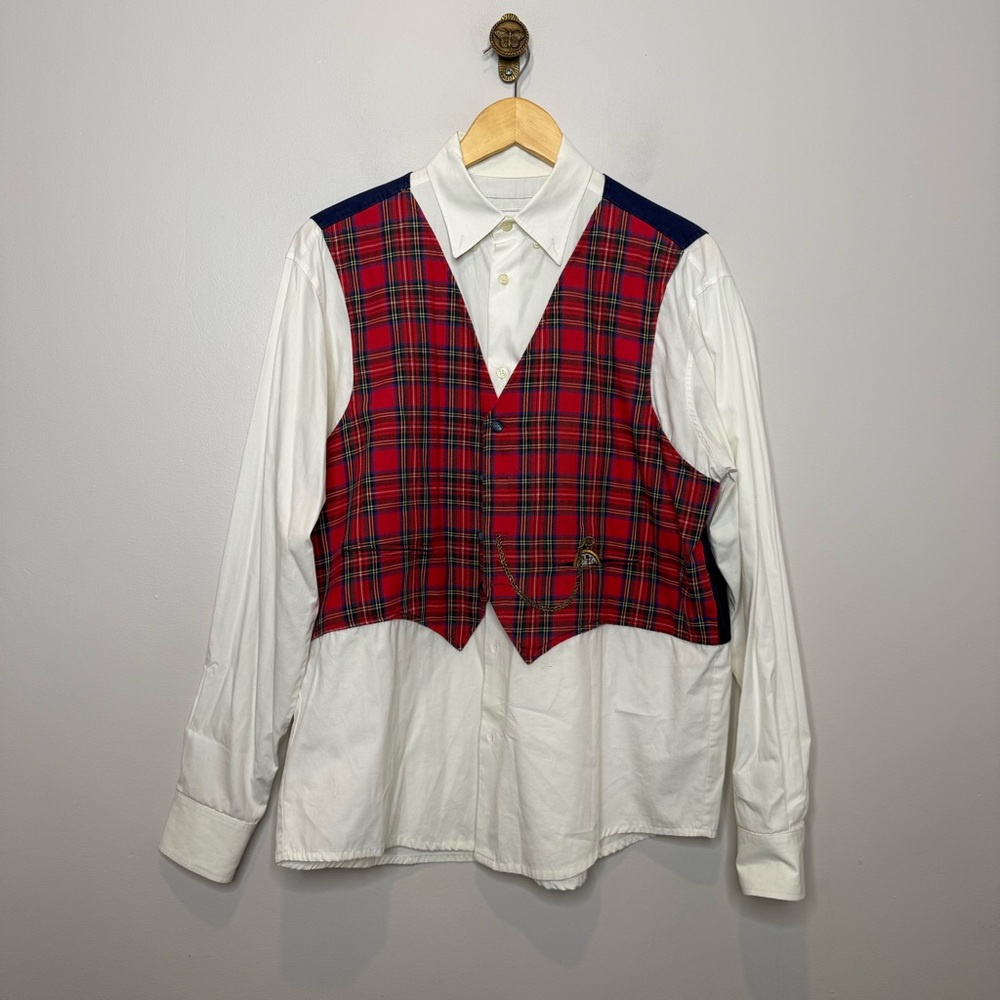 Vintage HARRODS Stewart Plaid Waistcoat Shirt with embroidered pocket watch M